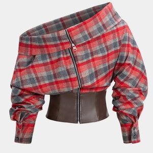 Plaid Off-Shoulder Top with faux Leather Waist